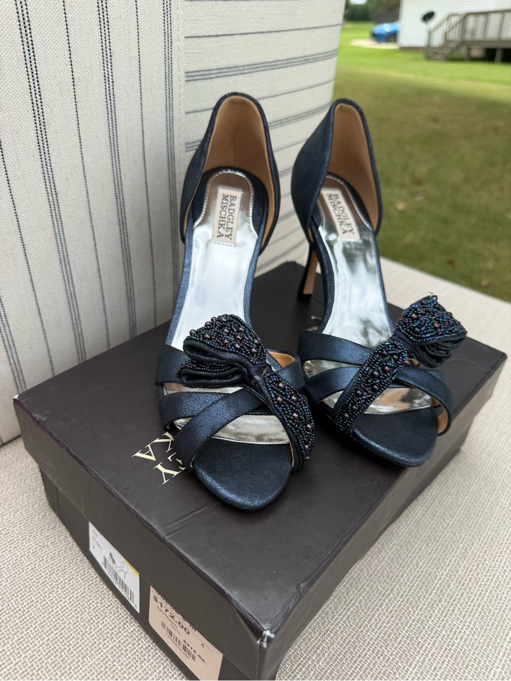 Badgley Mischka Navy Beaded Satin D'Orsay Heels